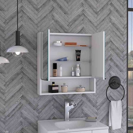 TUHOME Jaspe Mirror Cabinet, Three Internal Shelves, One Open Shelf, Double Door Cabinet, White GLB5550